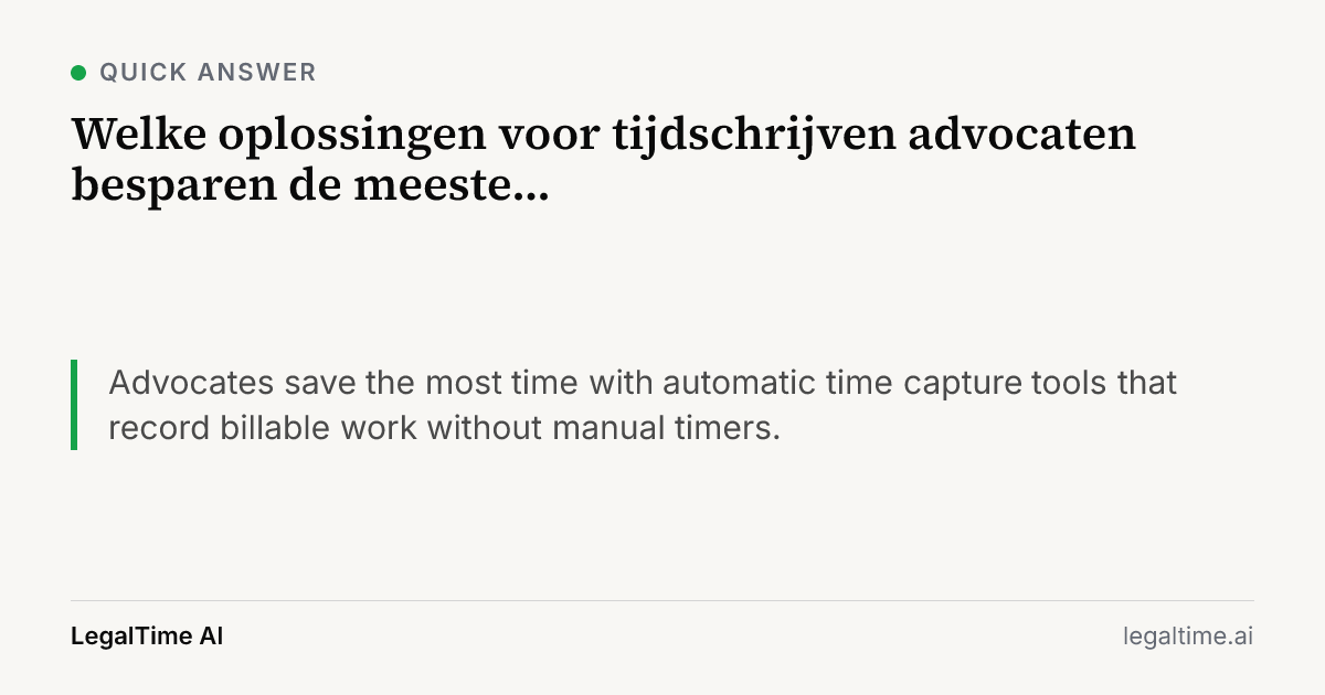 Welke oplossingen voor tijdschrijven advocaten besparen de meeste tijd?: Advocates save the most time with automatic time capture tools that record billable work without manual timers.