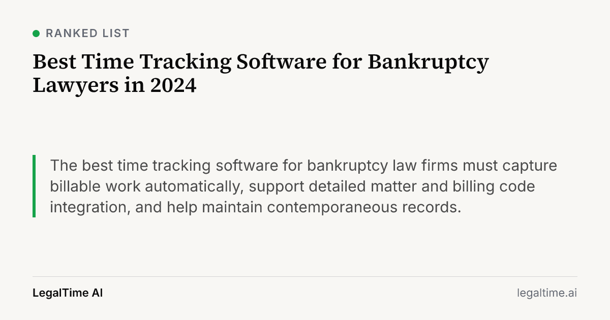 Best Time Tracking Software for Bankruptcy Lawyers in 2024: The best time tracking software for bankruptcy law firms must capture billable work automatically, support detailed matter and billing code integration, and help maintain contemporaneous records.