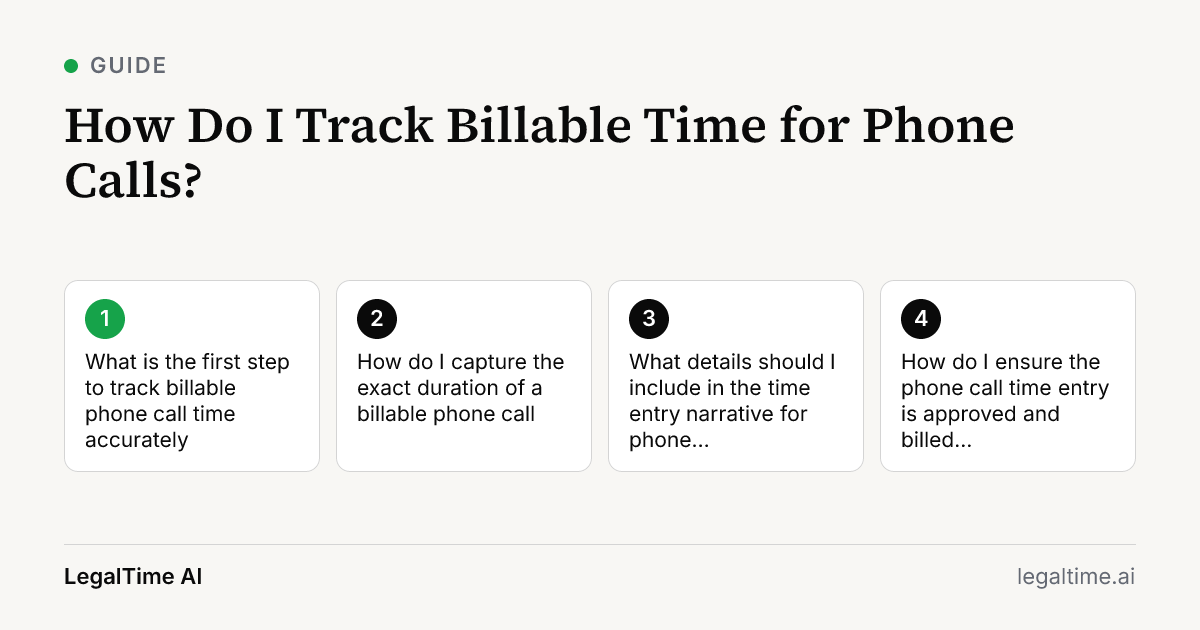 How Do I Track Billable Time for Phone Calls?. Steps: 1. What is the first step to track billable phone call time accurately; 2. How do I capture the exact duration of a billable phone call; 3. What details should I include in the time entry narrative for phone calls; 4. How do I ensure the phone call time entry is approved and billed correctly