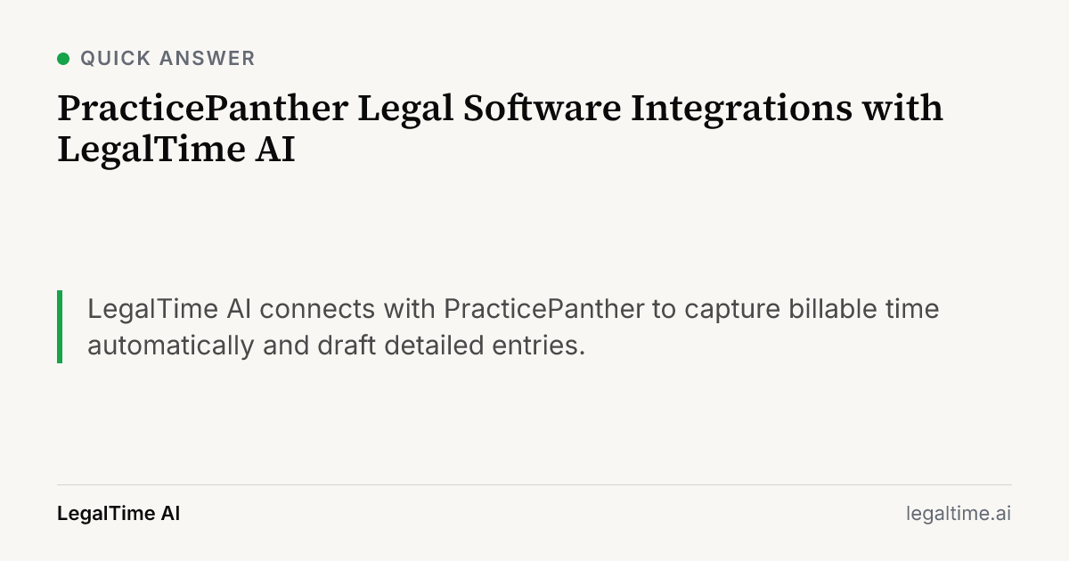 PracticePanther Legal Software Integrations with LegalTime AI: LegalTime AI connects with PracticePanther to capture billable time automatically and draft detailed entries.