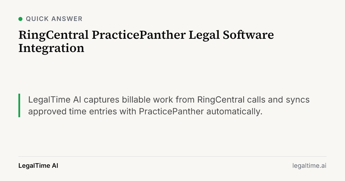 RingCentral PracticePanther Legal Software Integration: LegalTime AI captures billable work from RingCentral calls and syncs approved time entries with PracticePanther automatically.