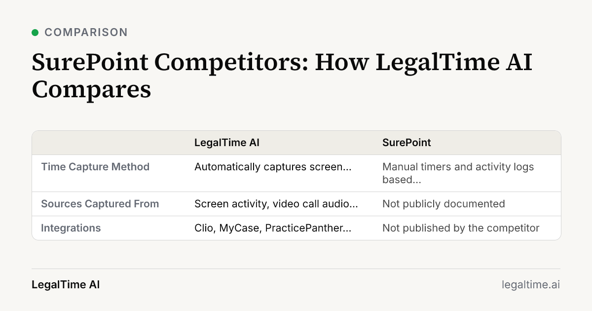 Comparison, LegalTime AI vs SurePoint. Time Capture Method: LegalTime AI Automatically captures screen activity, call audio, sent emails, and Outlook calendar events.; SurePoint Manual timers and activity logs based on user input.. Sources Captured From: LegalTime AI Screen activity, video call audio transcribed locally, Gmail and Outlook emails, Outlook calendar.; SurePoint Not publicly documented. Integrations: LegalTime AI Clio, MyCase, PracticePanther, Smokeball, Harvest, LeanLaw, Actionstep, Sage Timeslips, TimeSolv.; SurePoint Not published by the competitor