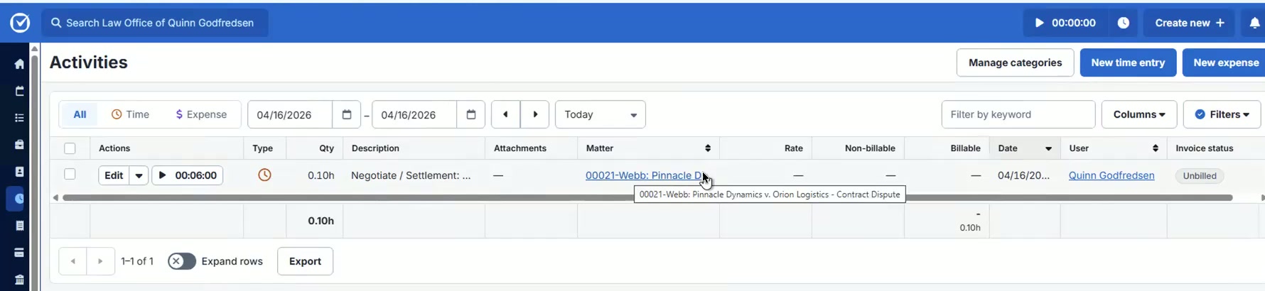 Released entries appear in Clio Manage with the matter and billing code already attached.